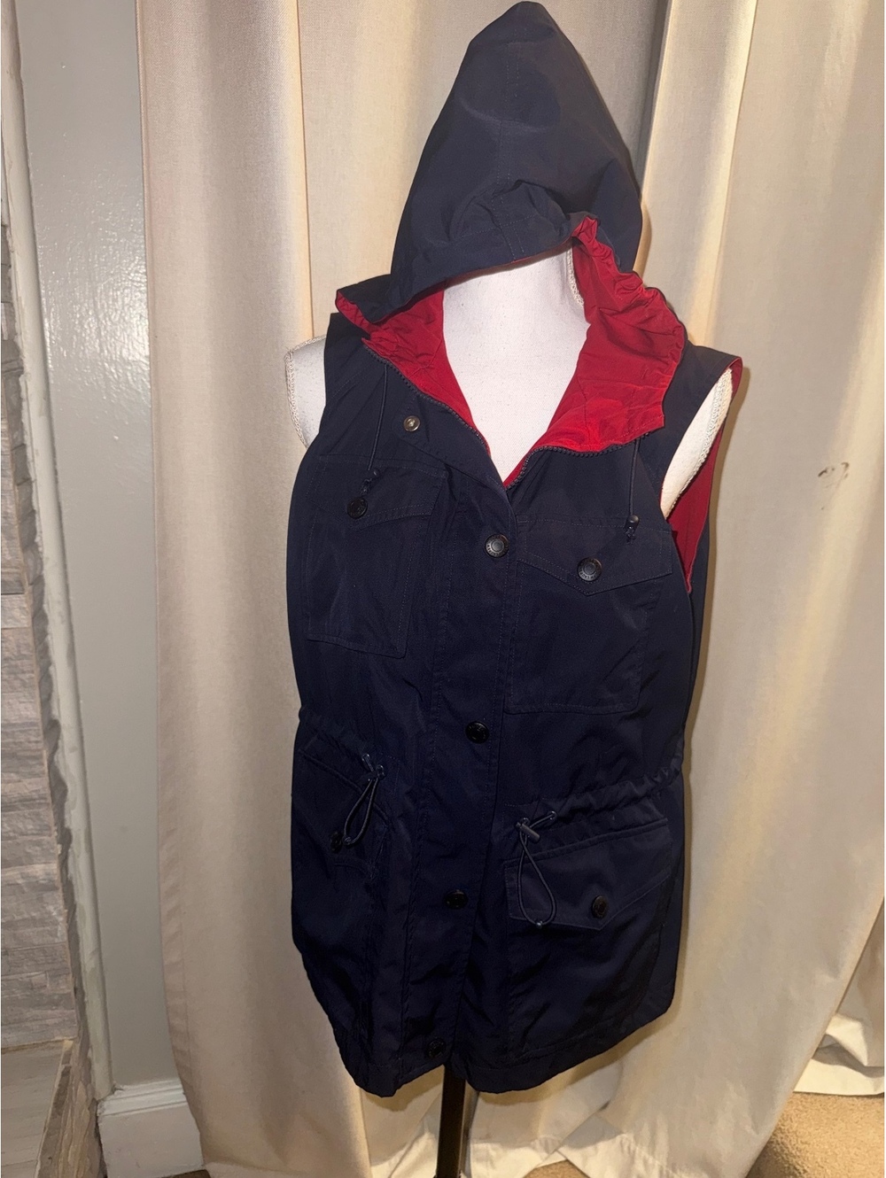 Lauren Ralph Lauren Reversible Hooded Utility Vest Red Navy Women’s Fits Large